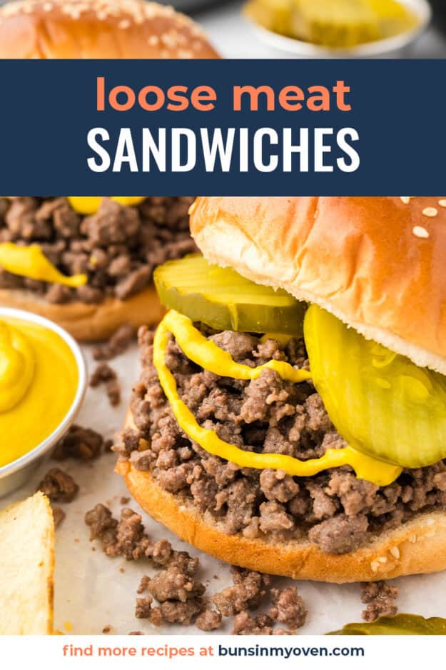 Loose meat sandwich with text for Pinterest.