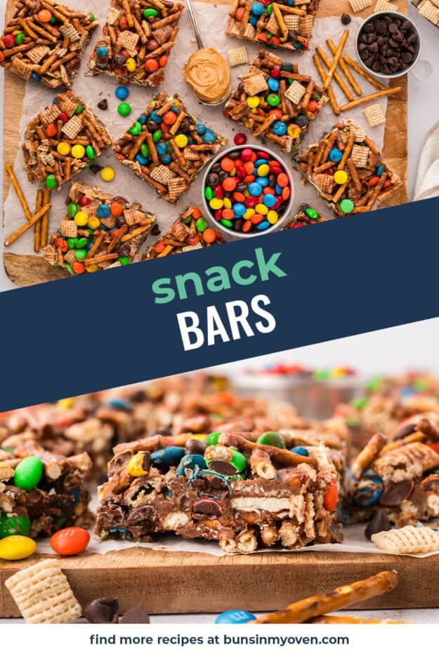 Collage of snack mix bar images.