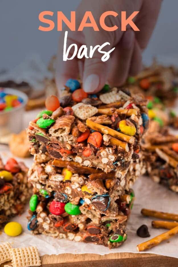 Stack of snack bars on counter.