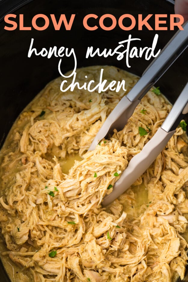 Shredded honey mustard chicken in crockpot.