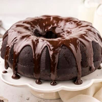 Chocolate bundt cake topped with ganache.