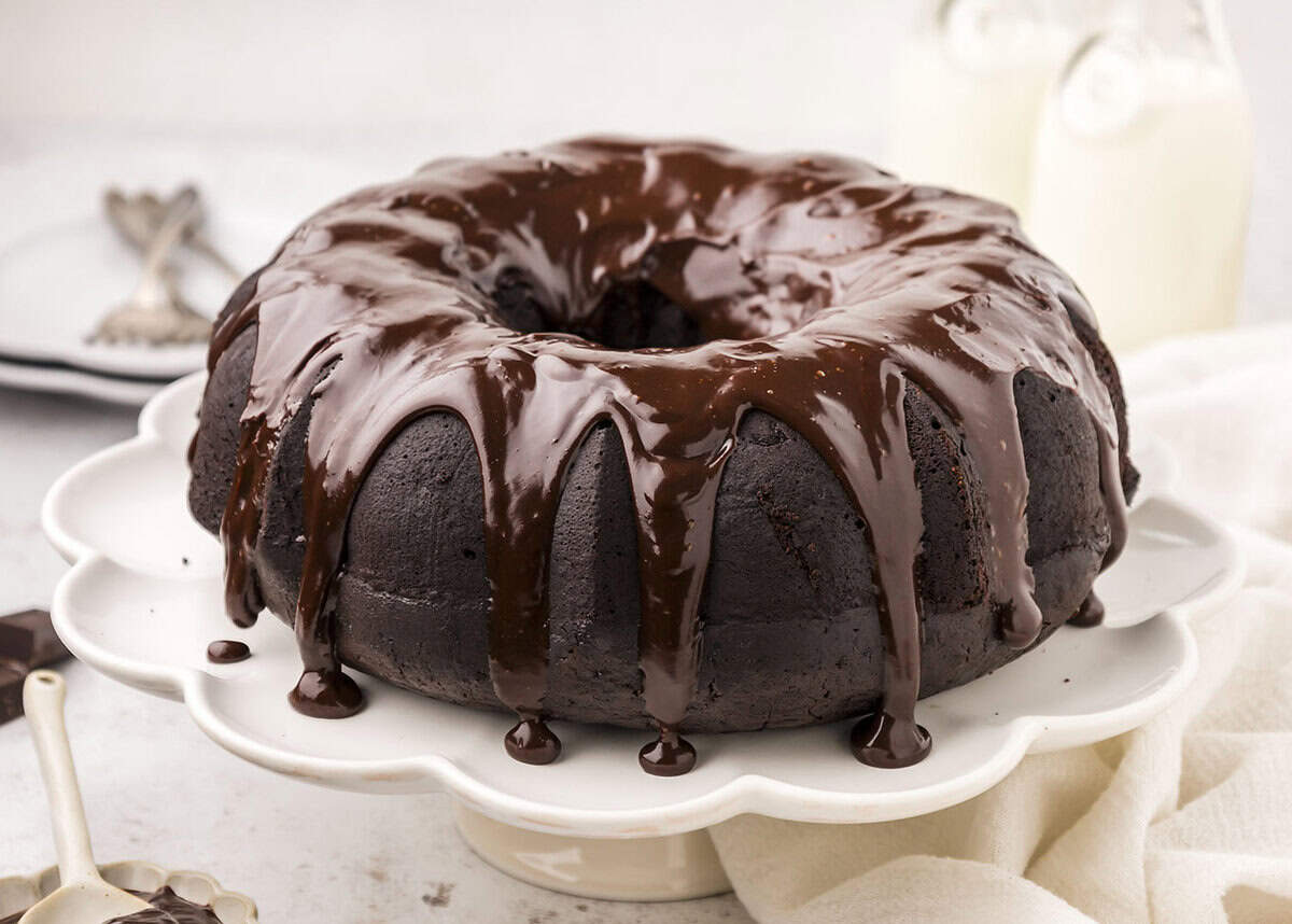 Chocolate bundt cake topped with ganache.