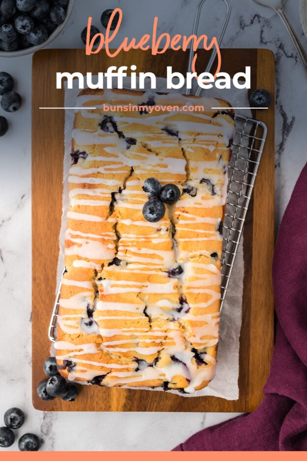 Overhead view of blueberry muffin bread topped with a vanilla glaze.