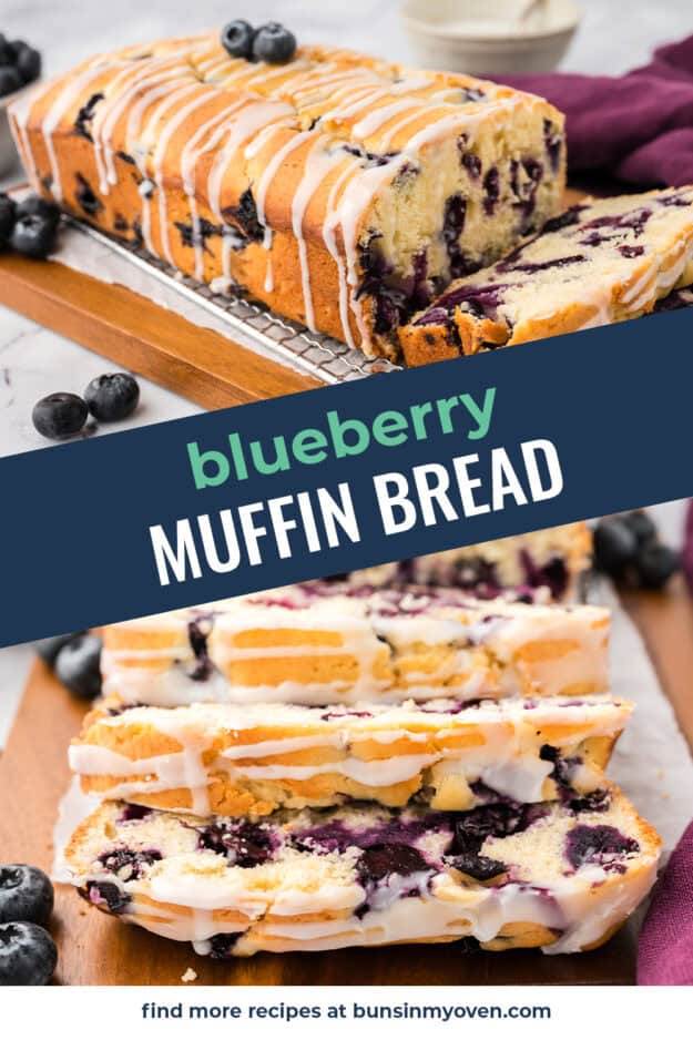 Collage of blueberry muffin bread recipe images.