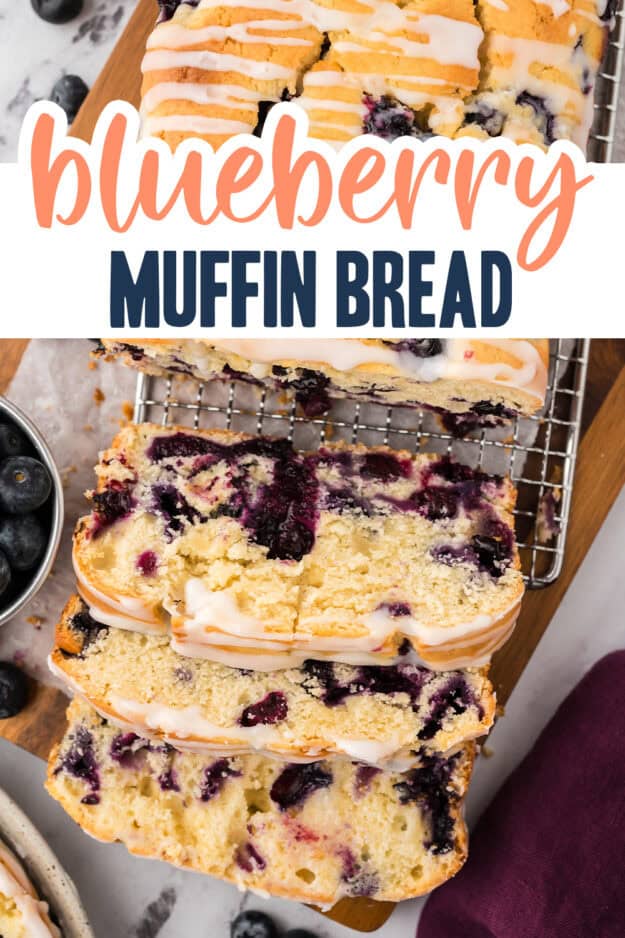Blueberry muffin bread sliced on cooling rack.