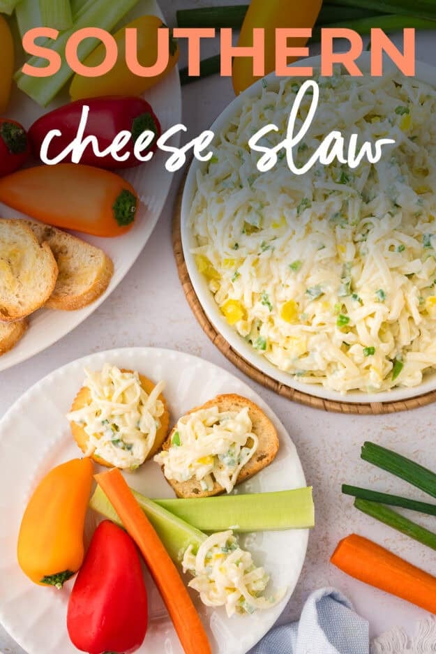 Cheese slaw on plate with veggies and crostini.