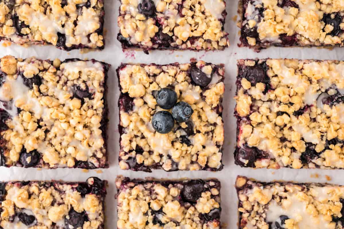 Blueberry crumble bars on counter.