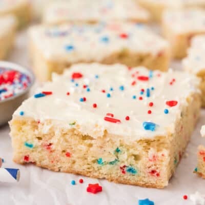 Fourth of July sugar cookie bars on counter.