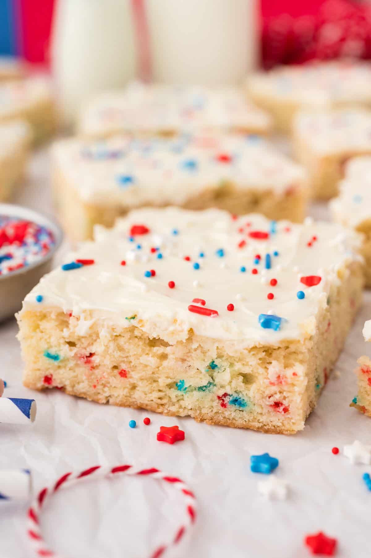 Fourth of July sugar cookie bars on counter.
