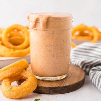 Onion ring sauce in mason jar.