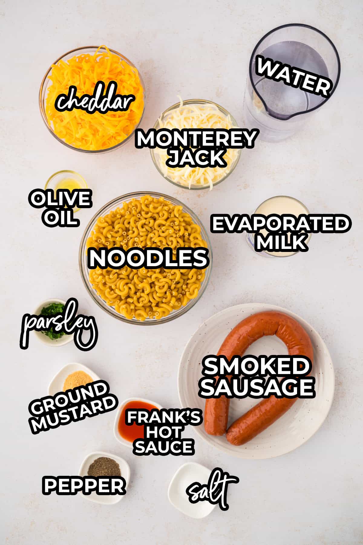 Ingredients for smoked sausage mac and cheese.