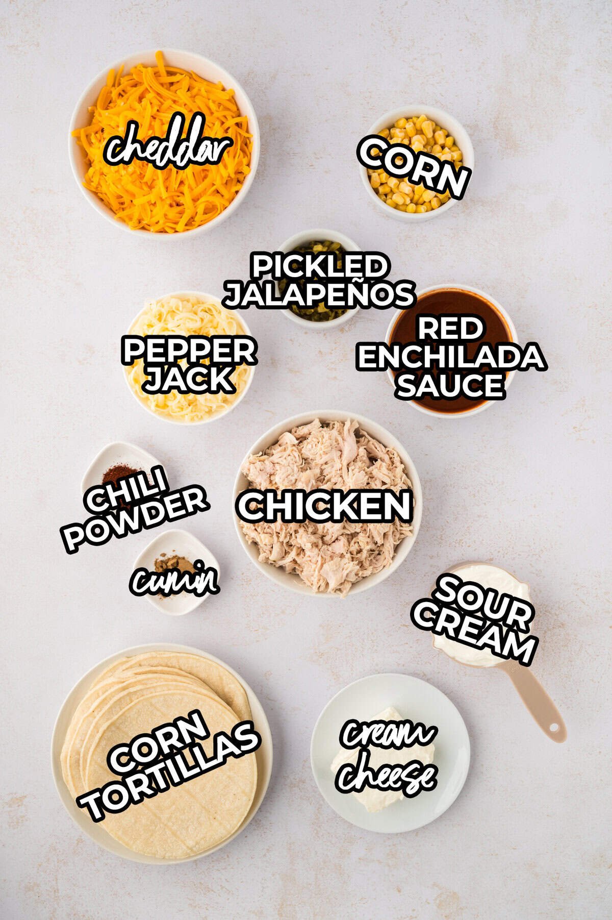 Ingredients for sour cream chicken enchilada casserole recipe.
