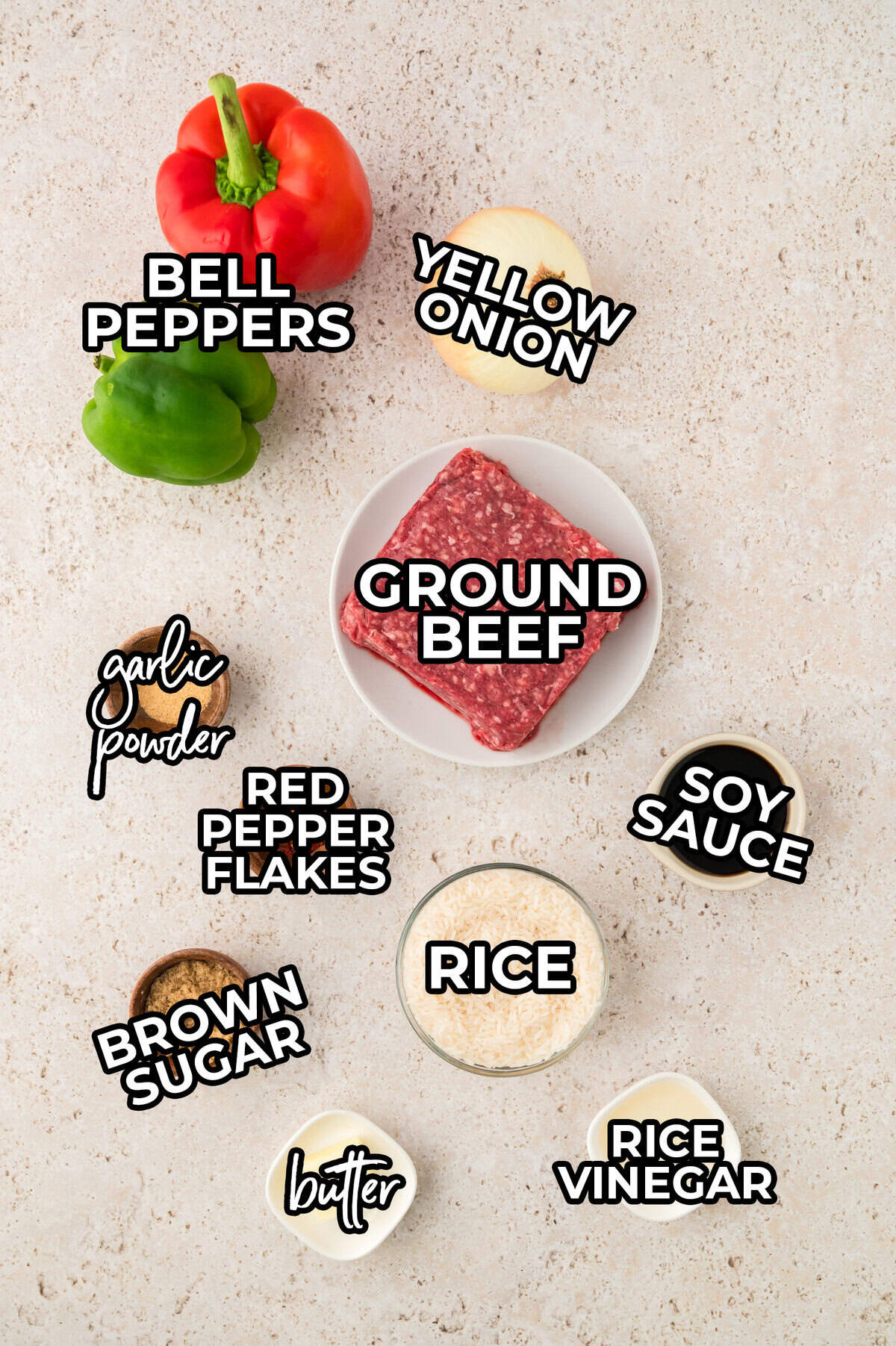 Ingredients for ground beef and peppers bowl.