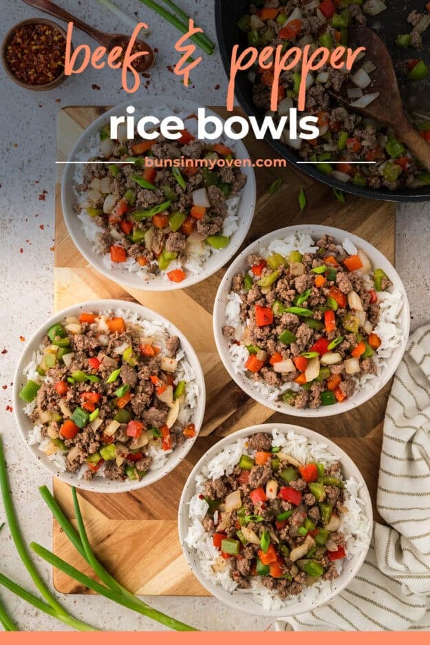 Bowls full of ground beef and vegetables over rice.