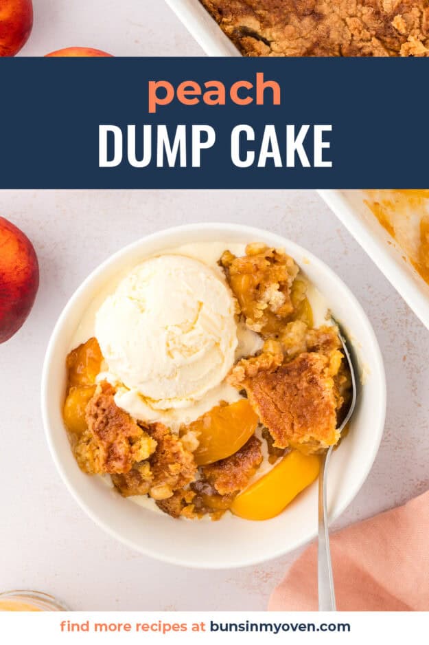 Bowl full of easy peach dump cake.