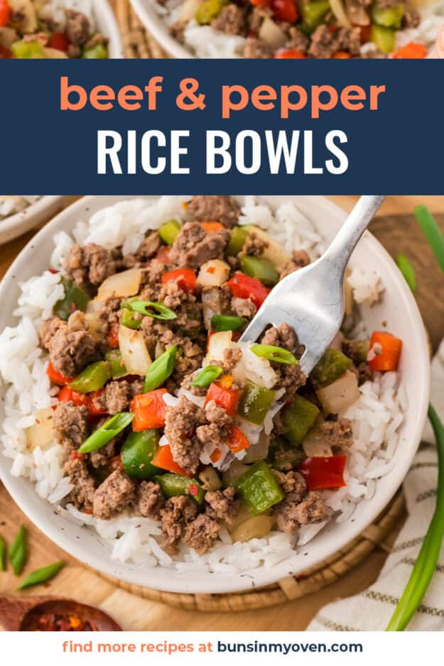 Beef and pepper rice bowl with a fork.