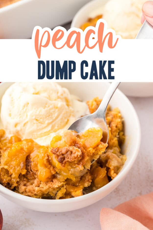 Peach dump cake topped with ice cream.