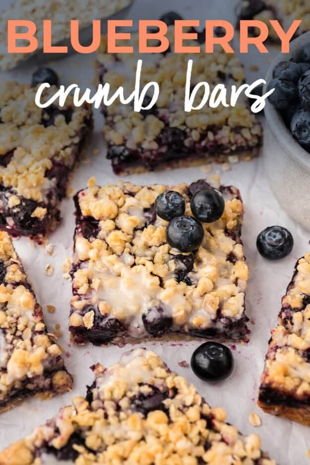 Blueberry bars on counter topped with frsh blueberries.