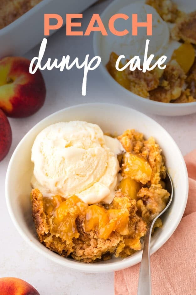 Bowl full of peach dump cake recipe topped with vanilla ice cream.