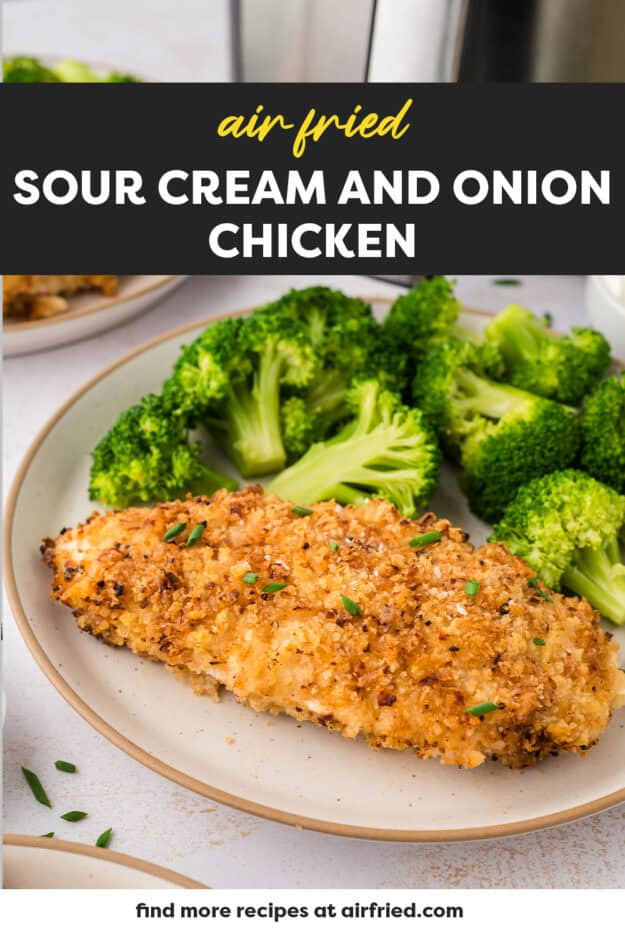 Crispy sour cream and onion chicken on plate with broccoli.