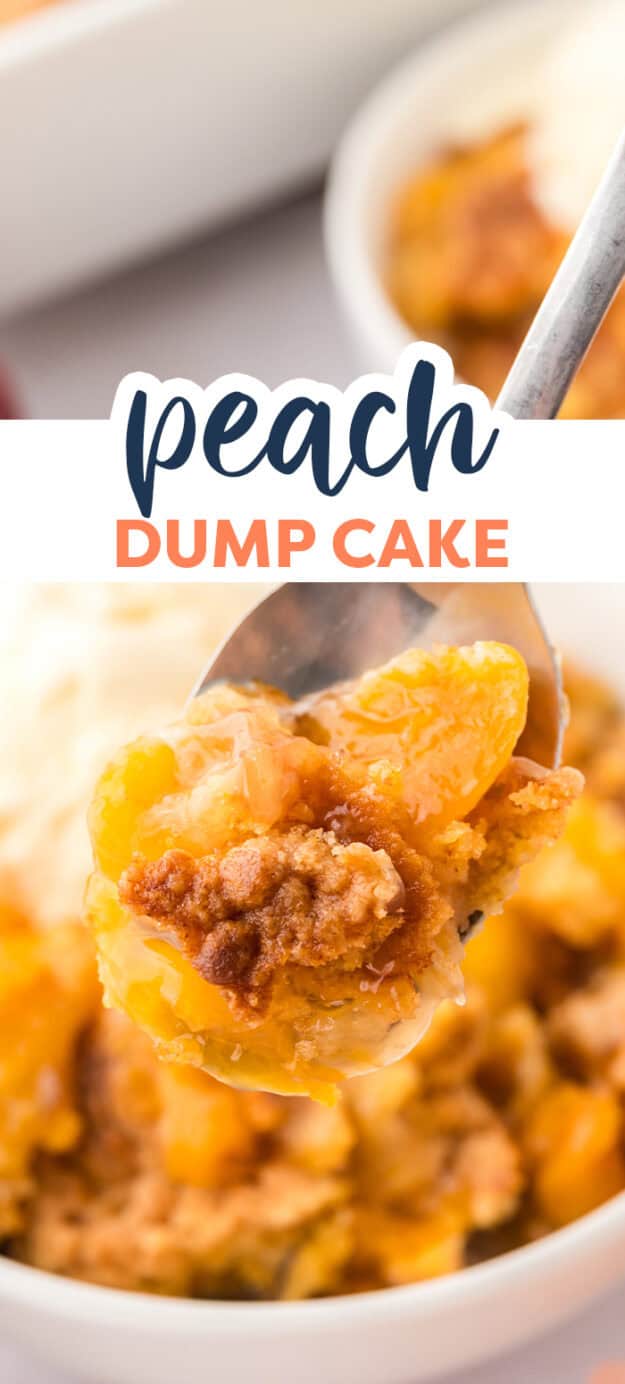 Peach dump cake on spoon.