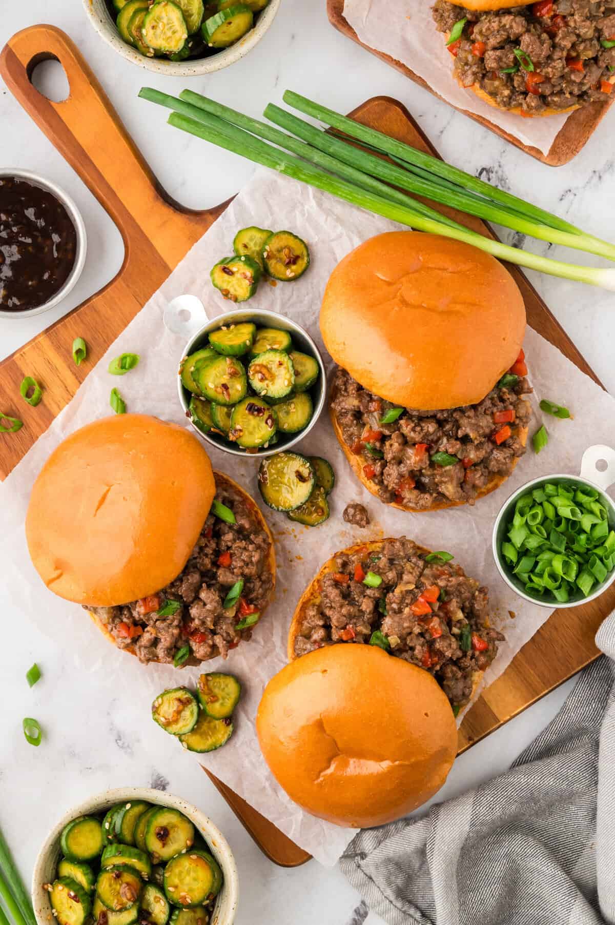 Korean BBQ sloppy joe sandwiches on buns.