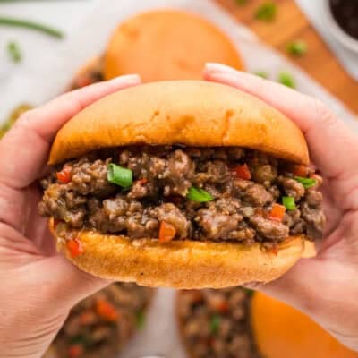 Hand holding a Korean BBQ sloppy joe sandwich.