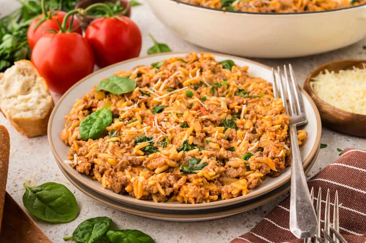 Ground beef orzo skillet recipe on white plate.