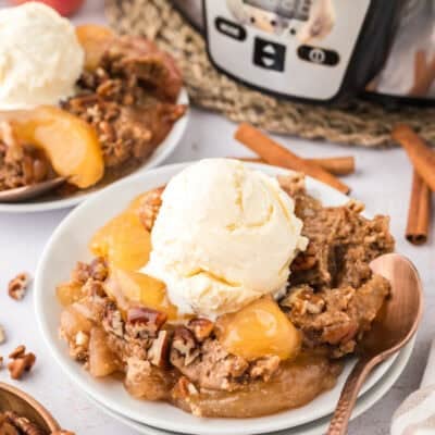 Plate full of crockpot apple dump cake topped with vanilla ice cream.