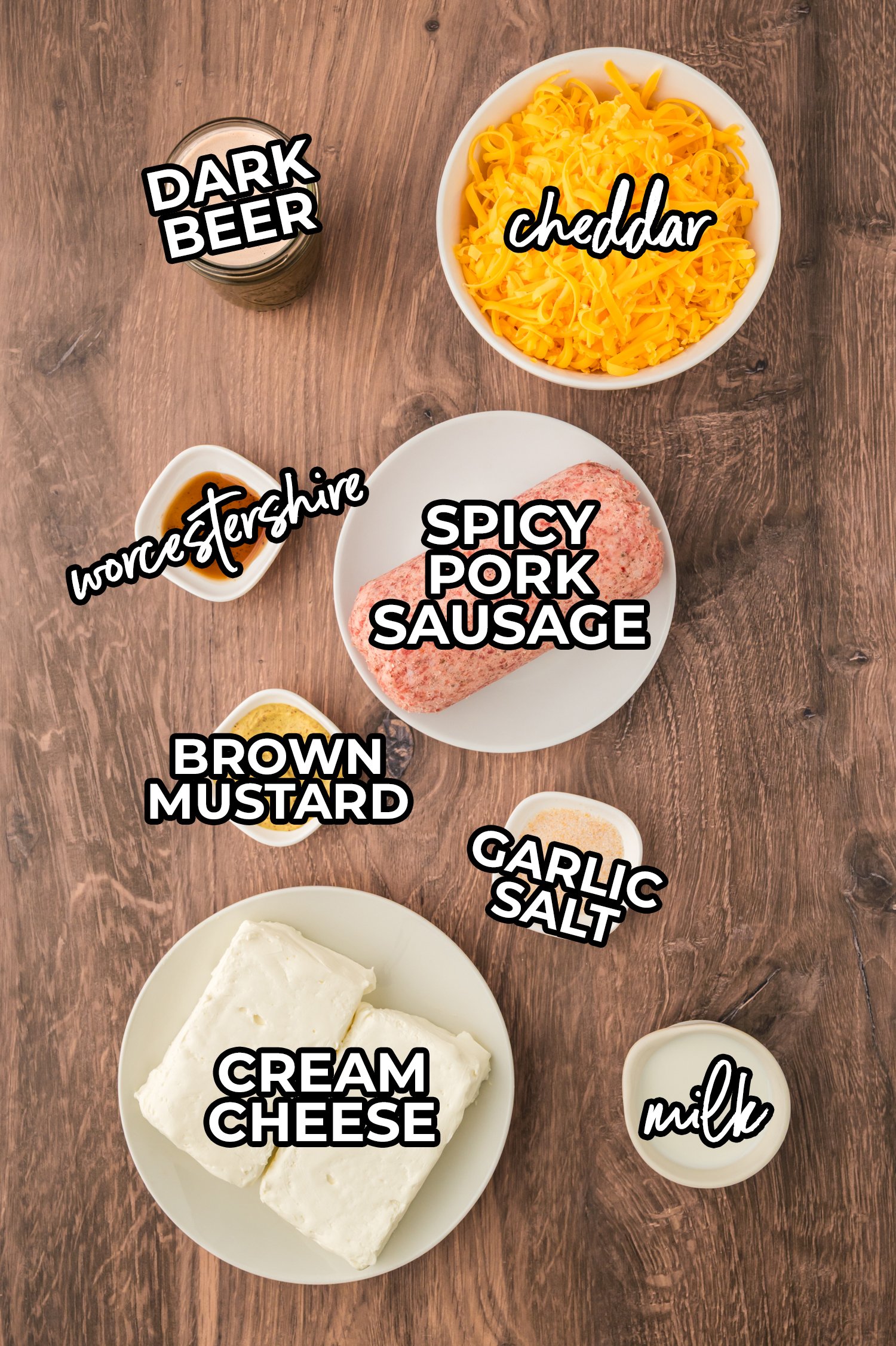 Ingredients for crockpot sausage beer cheese dip.