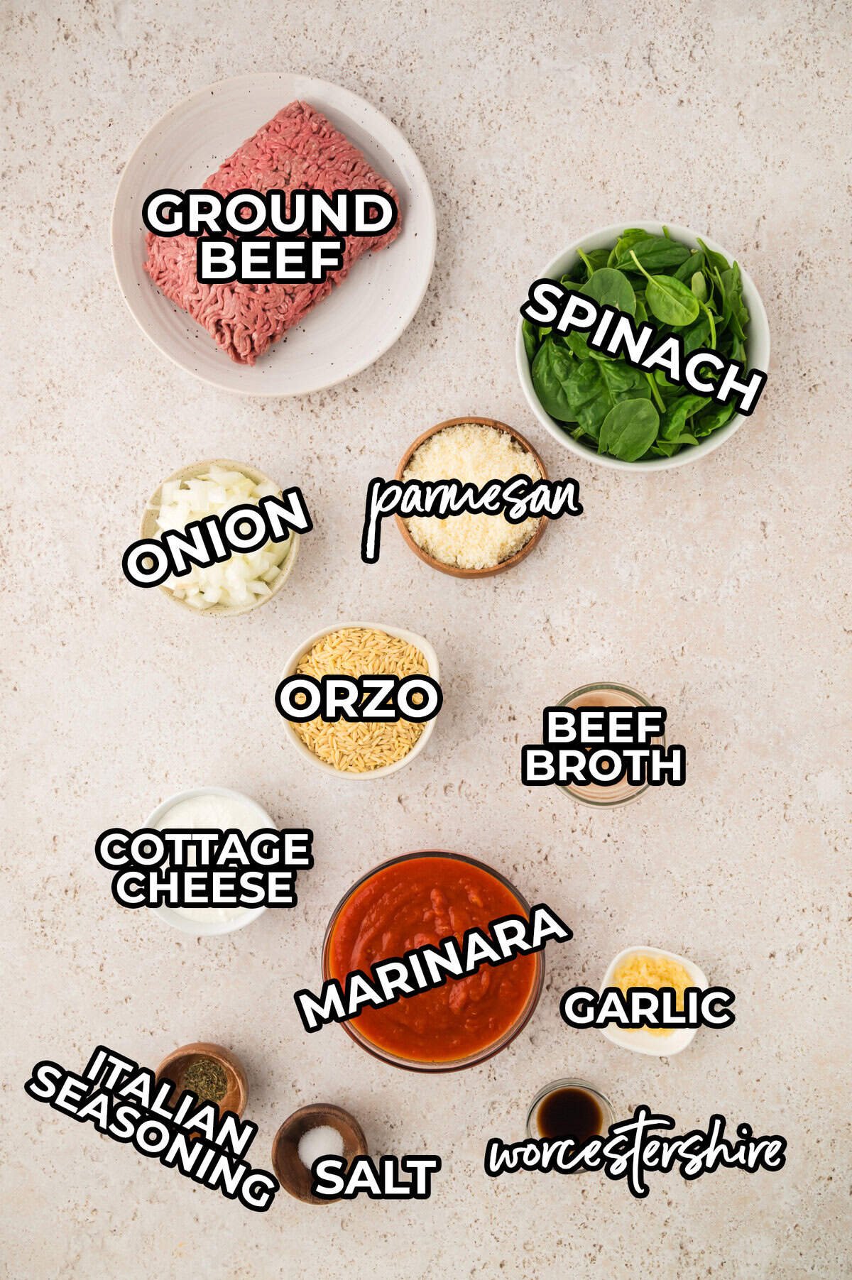 Ingredients for ground beef orzo skillet recipe.