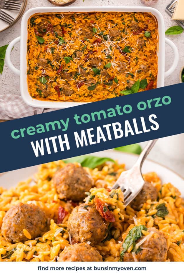 Collage of tomato baked orzo recipe images.