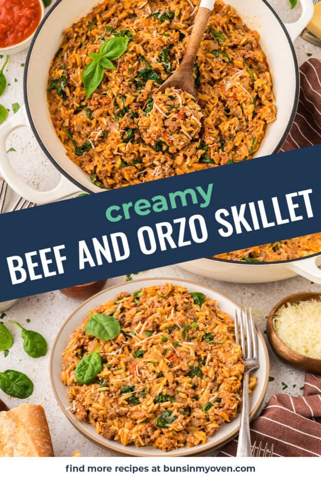 Collage of ground beef orzo skillet.