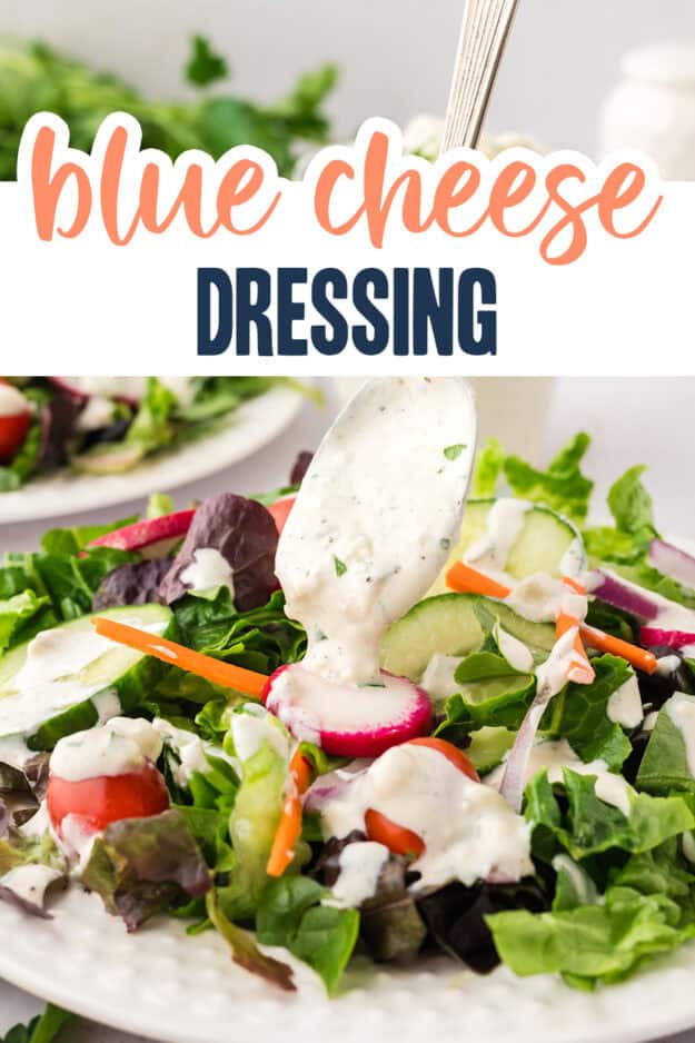 Spoon drizzling blue cheese dressing over salad.
