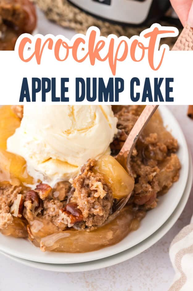Crockpot apple dump cake topped with a scoop of vanilla ice cream on white plate.