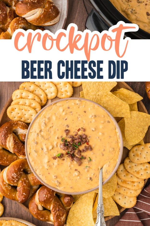 Crockpot beer cheese dip in bowl topped with sausage.