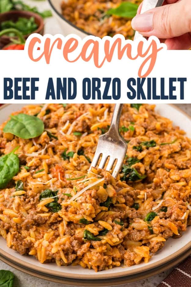 Forkful of creamy ground beef and orzo recipe.