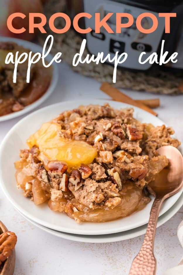 Apple dump cake on white plate.