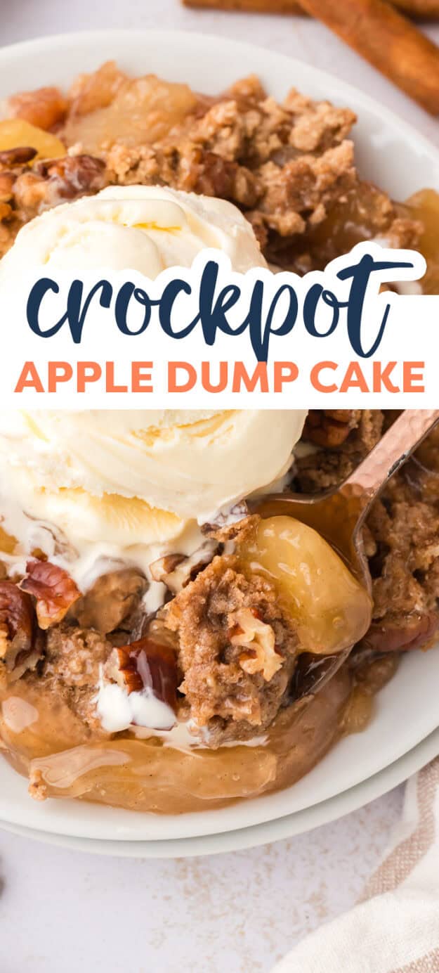 Apple dump cake on white plate topped with vanilla ice cream.