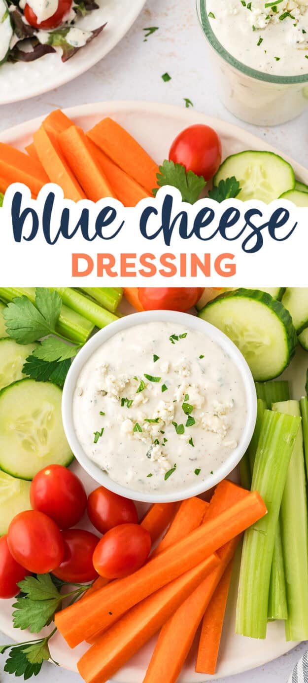 Homemade blue cheese dressing in white bowl surrounded by vegetables.