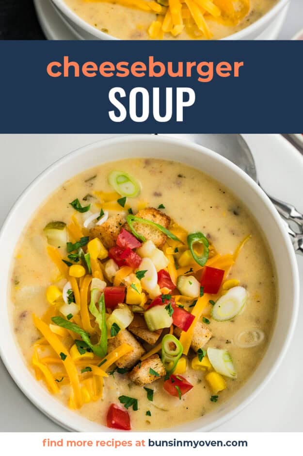 Cheeseburger soup recipe in white bowl,