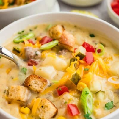 White bowl full of cheeseburger soup recipe.