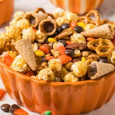Fall trail mix in pumpkin dish.
