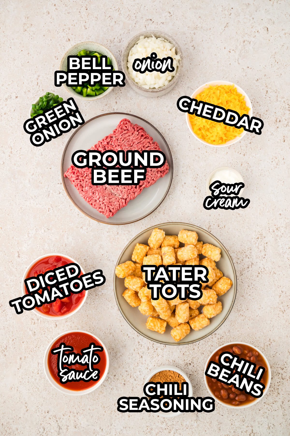 Ingredients for chili cheese tater tot casserole recipe.
