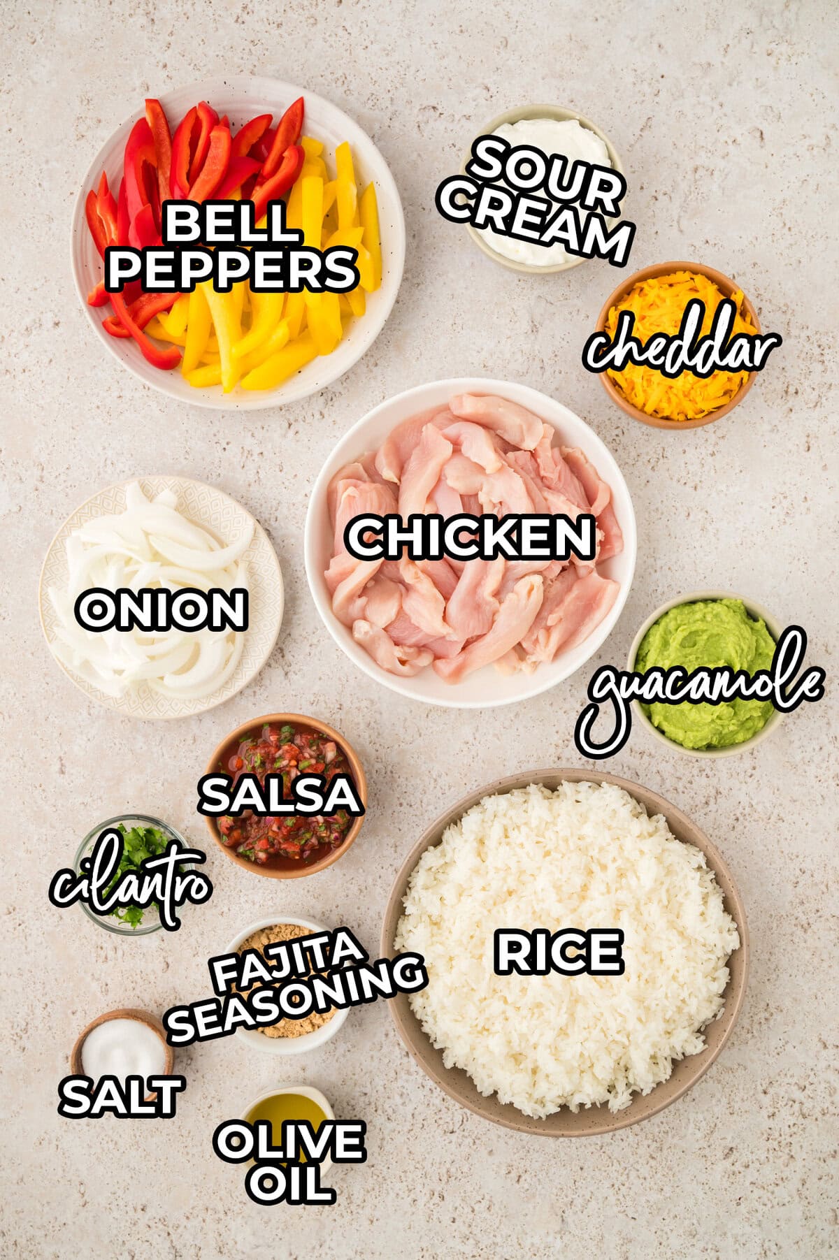 Ingredients for air fryer chicken fajita bowls.
