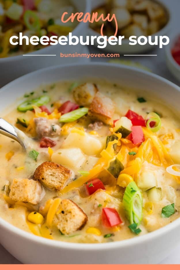 Bowl full of creamy cheeseburger soup.