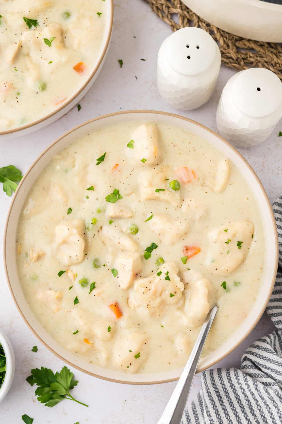 Overhead view of easy chicken and dumplings in bowl.