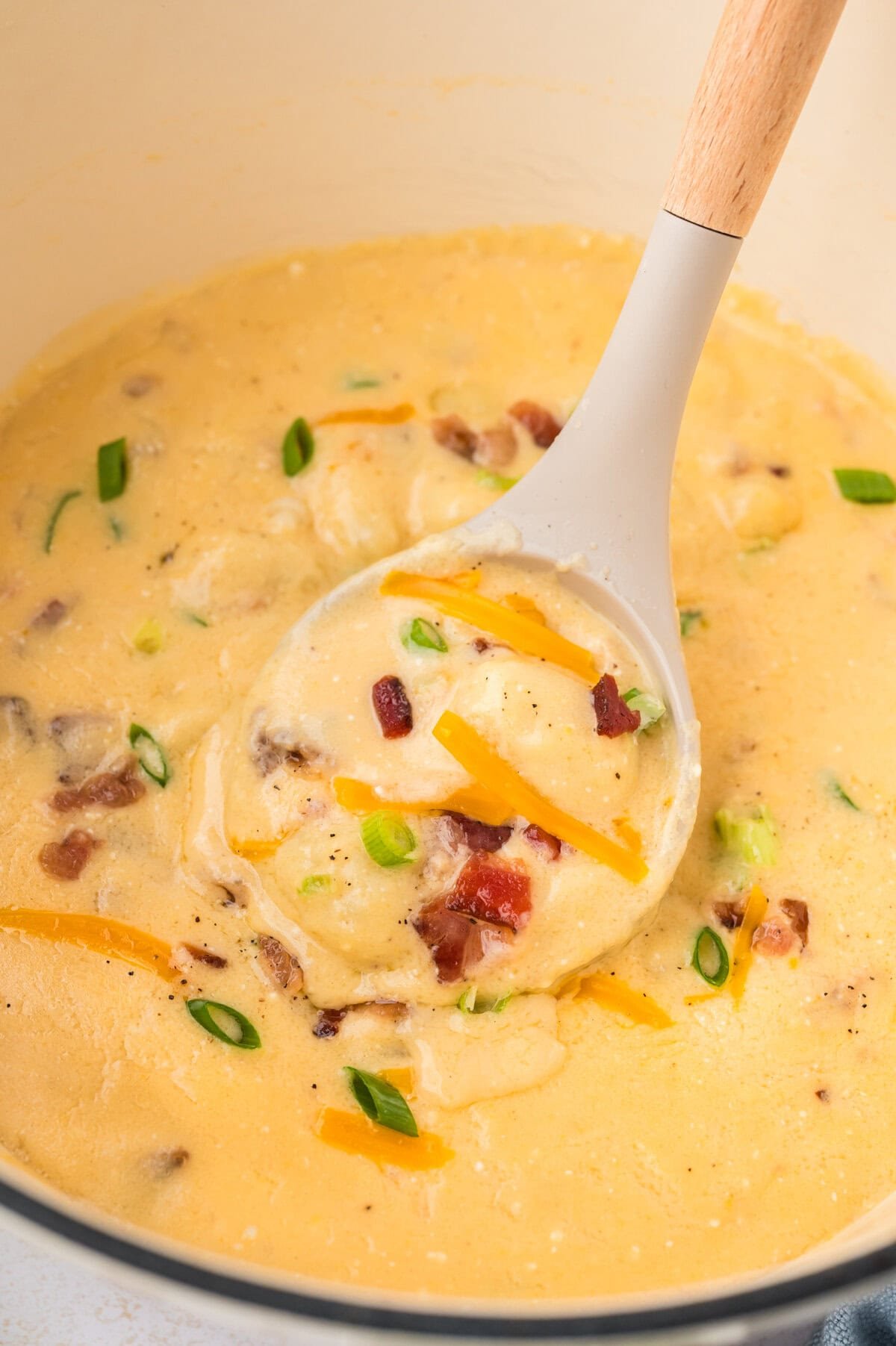 Pot full of loaded gnocchi soup recipe.