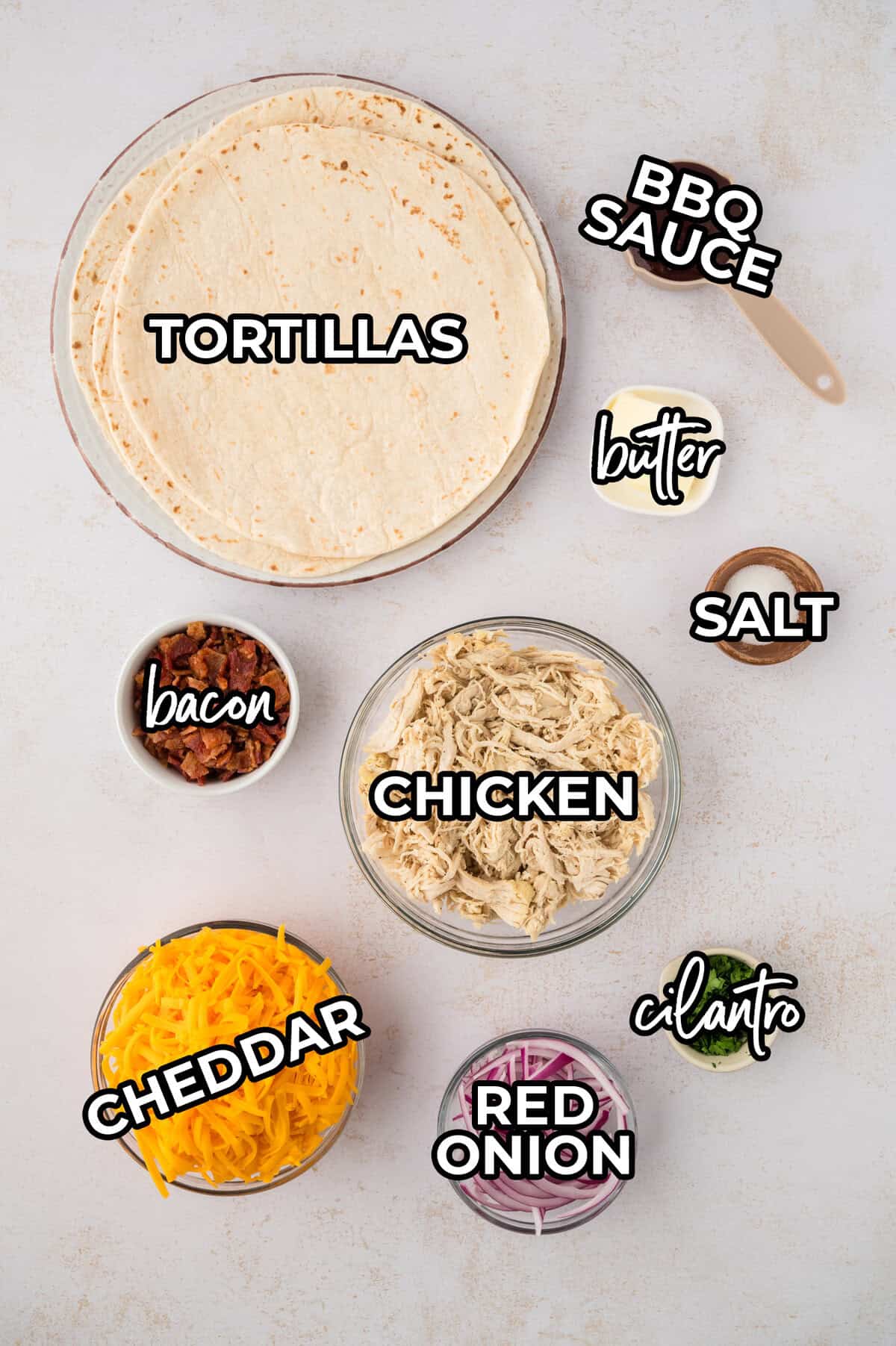 Ingredients for bbq chicken quesadilla recipe on counter.