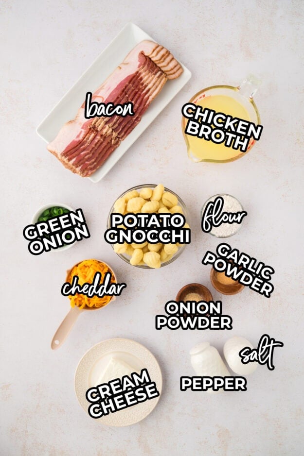 Ingredients for loaded gnocchi soup on counter.